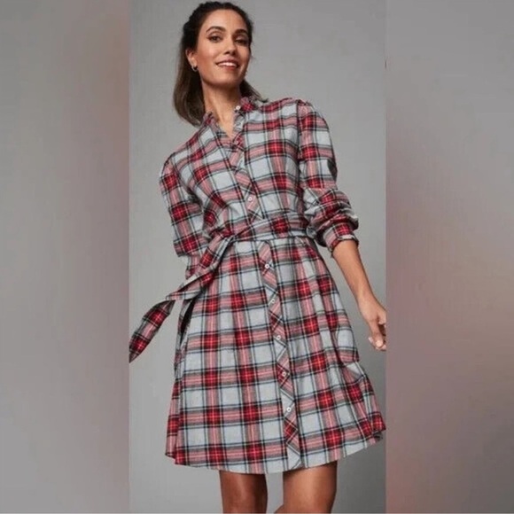 UNTUCKit Harrison Red Plaid Belted Button Down Shirt Dress Size 16 - Picture 2 of 6